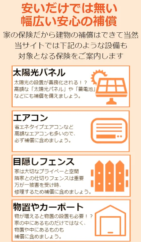 太陽光パネル、蓄電池、フェンス、エアコン、物置、カーポートの補償