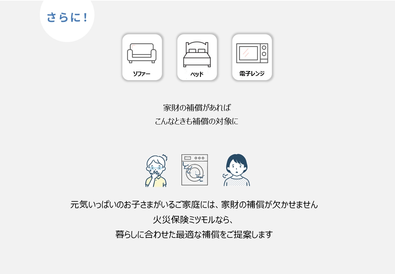 さらに！ソファー・テレビ・電子レンジ　家財の補償があれば、こんなときも補償の対象に！　小さなお子様がいるおうちには「家財の補償」が必要かも、火災保険イッカツはあなたの住まいに合った保険をご提案いたします。